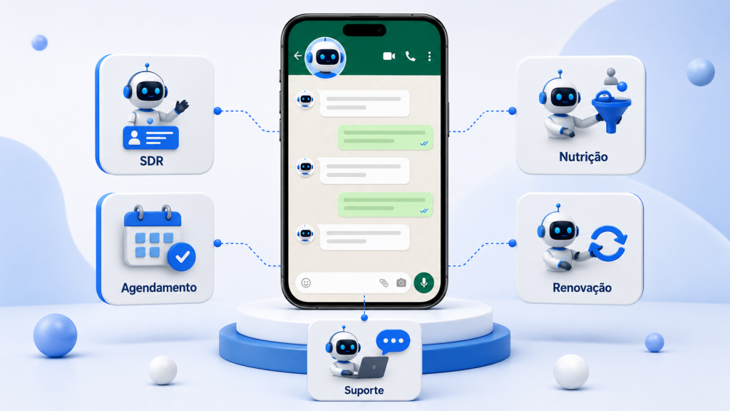 5 tipos de agente de IA para WhatsApp: SDR, agendamento, nutrição, renovação e suporte