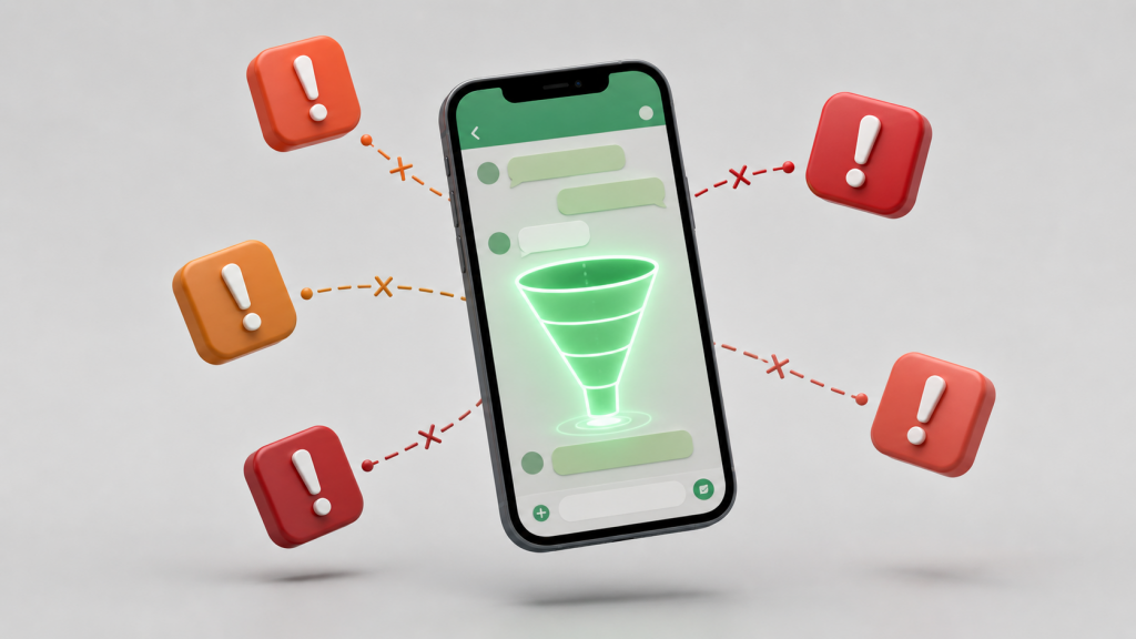 Infográfico dos 5 erros que mais prejudicam a conversão de infoprodutos pelo WhatsApp em 2026