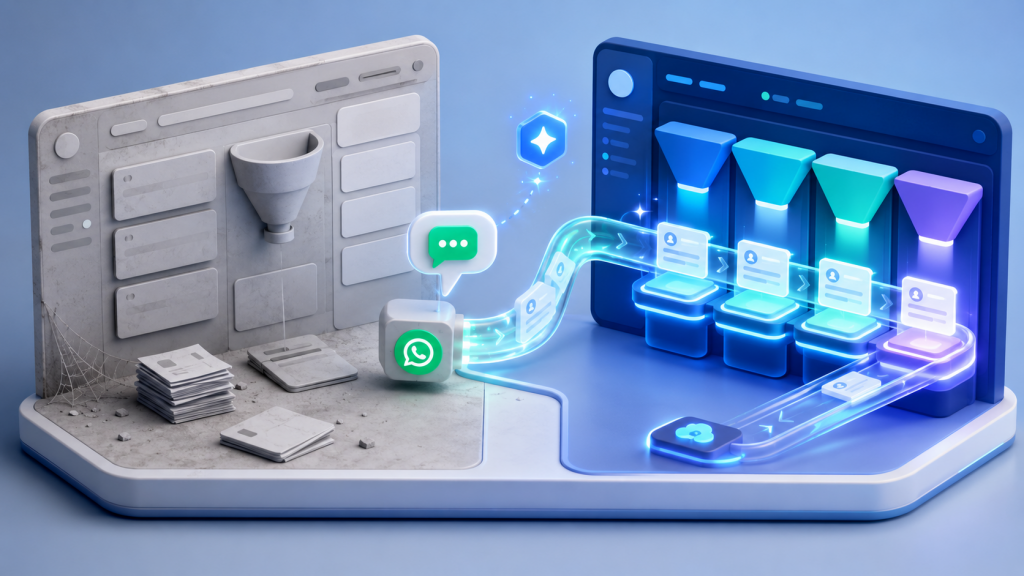 Painel de CRM abandonado ao lado de funil de vendas automatizado por WhatsApp, ilustrando baixa adoção de CRM