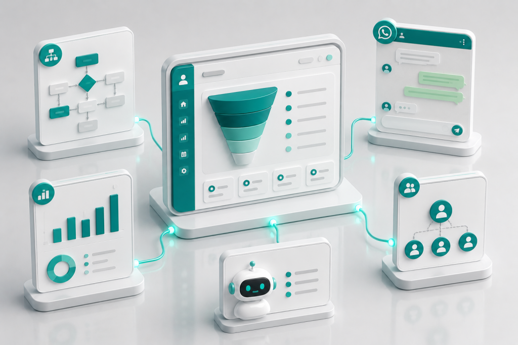 Operação comercial como sistema integrado: processo, canal WhatsApp, dados, pessoas e agentes de IA conectados em um CRM